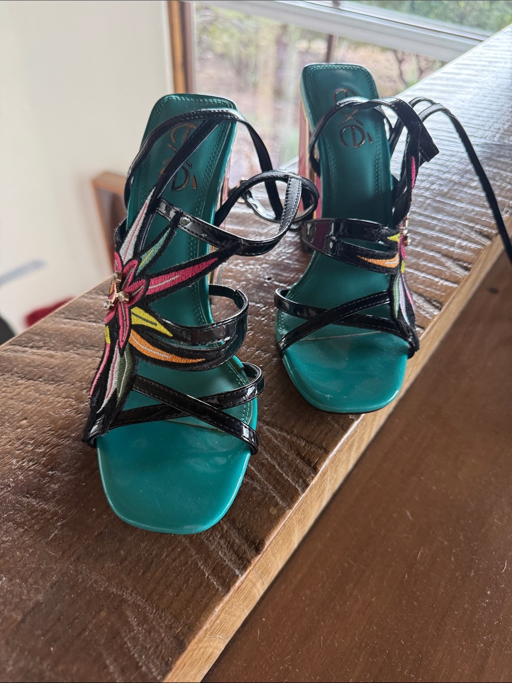 Floral-Embroidered Teal Strappy Heels - Women